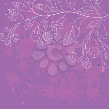 Abstract Floral Pattern with Lilac Stains and White Contours Flowers. Vector