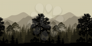 Seamless Horizontal Landscape, Evening Forest with Trees Silhouettes and Mountains. Vector