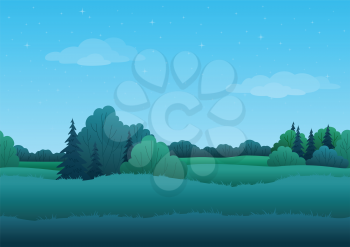 Seamless background, cartoon summer morning landscape: forest and sky with stars. Vector