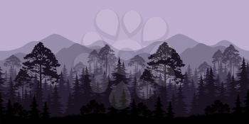 Seamless Horizontal Landscape, Evening Forest with Spruce Trees Silhouettes and Mountains. Vector