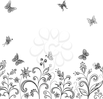 Abstract floral background, symbolical flowers and butterflies, contours on white background. Vector