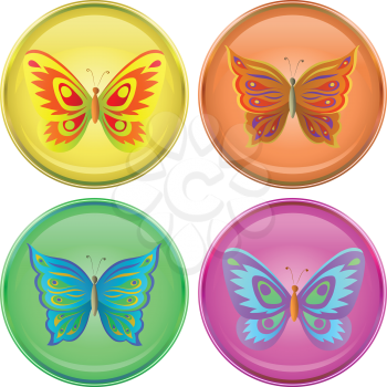 Icons, buttons with multi-coloured butterflies, set. Vector