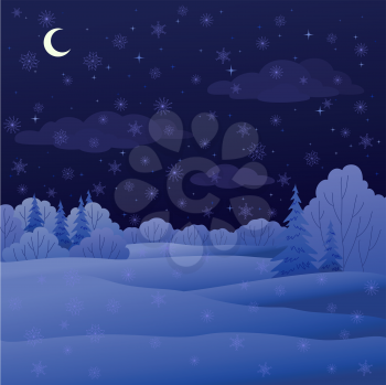 Vector, winter christmas landscape: night forest with coniferous and deciduous trees and snow