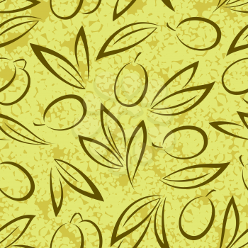 Seamless Pattern, Olive Berries and Leaves Brown Pictograms on Abstract Yellow Background. Vector