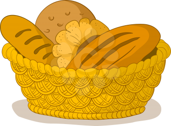 Food: tasty fresh bread, loafs and rolls in a wattled basket. Vector