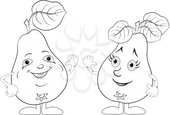 Cartoon fruits, two character pears with leaves, black contour on white background. Vector