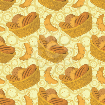 Seamless Background, Food, Tasty Fresh Bread, Loafs and Buns in a Wattled Basket. Vector