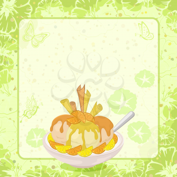 Food, Cup with Ice Cream, Citrus Fruits, Waffles and Spoon on Background with Floral Pattern and Butterflies Contours. Eps10, Contains Transparencies. Vector
