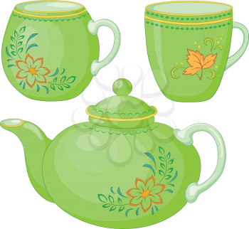Vector, green china teapot and cups with a pattern of flowers and leaves