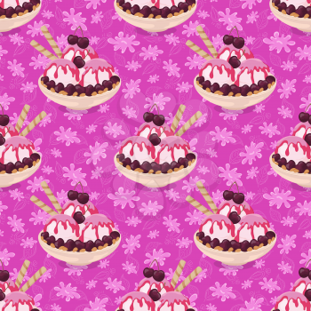 Seamless Background, Cup with Ice Cream, Berry Cherry, Syrup, Waffles and Almond Nuts on Abstract Floral Pattern. Eps10, Contains Transparencies. Vector
