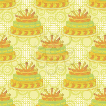 Seamless background, holiday pie decorated with oranges, lemons and wafers and abstract pattern. Vector