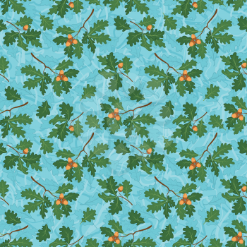 Seamless background, pattern of oak branches with green and blue leaves and acorns. Vector