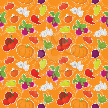Seamless pattern, raw vegetables on orange background. Vector
