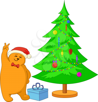 Cartoon teddy bear showing victory sign near the Christmas tree. Vector