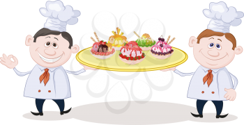 Cartoon Cooks Chefs Holding a Tray with Plates of Sorbet Fruit Ice Cream. Vector