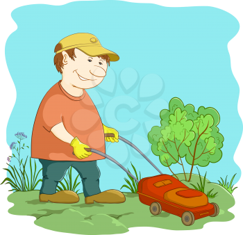 Lawn mower man work, mows a green grass in the garden. Vector