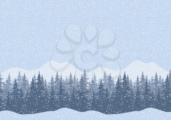 Seamless Horizontal Winter Mountain Landscape with Spruce Trees and Snow, Silhouettes. Vector