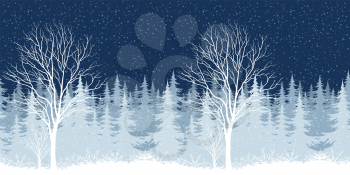 Winter Christmas holiday woodland night landscape with trees and snowflakes silhouettes. Eps10, contains transparencies. Vector