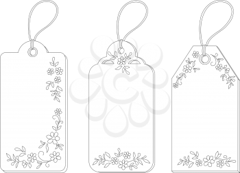 Rectangular labels tags with floral pattern and ropes, contours. Vector