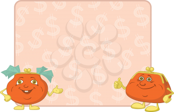 Smiling purses shows the thumb up against the background of the poster with dollars. Vector