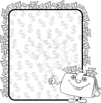 Smiling purse shows the thumb up against the background of the poster with dollars, contours. Vector