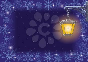 Christmas card: vintage street lamp on a decorative bracket against the starry sky, with a frame of snowflakes. Vector