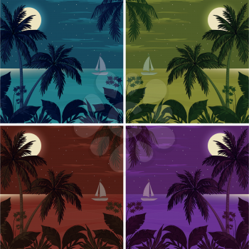 Set colorful exotic tropical landscapes with moon night sky, palm trees, flowers and sea with ship. Vector
