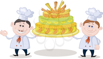 Cartoon character cooks - chefs with sweet holiday cake, isolated on white background. Vector