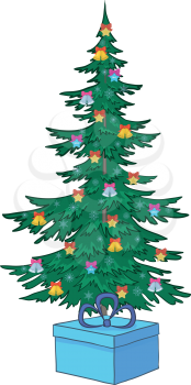 Christmas holiday tree with bells and snowflakes and gift boxes. Vector