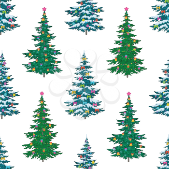 Seamless background, Christmas holiday trees with decorations, isolated on white. Vector