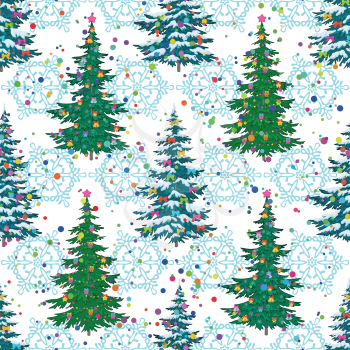 Seamless background, Christmas holiday trees with decorations and snowflakes. Vector
