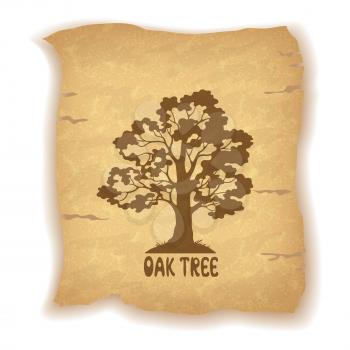 Oak Tree Pictogram Silhouette and the Inscription on the Vintage Background of an Old Sheet of Paper. Eps10, Contains Transparencies. Vector