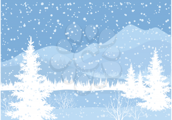 Winter mountain landscape with fir trees and snow, white and blue silhouettes. Vector