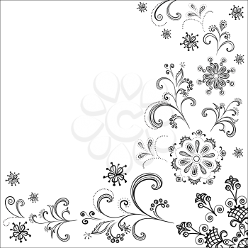 Floral pattern, black symbolical contour flowers on white background. Vector