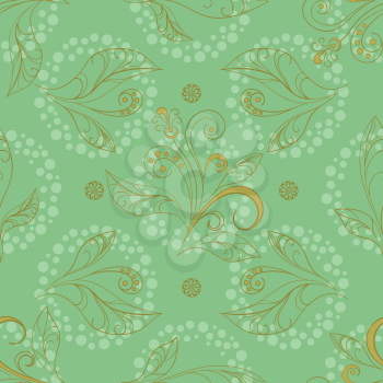 Abstract floral seamless pattern, symbolical outline flowers and rings on green background. Vector