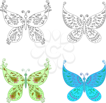 Set abstract butterflies: coloured with an abstract floral pattern and black contour on white background. Vector