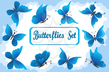 Symbolic Landscape, Blue Butterflies with Opened Wings Fly in the Sky with Clouds. Vector