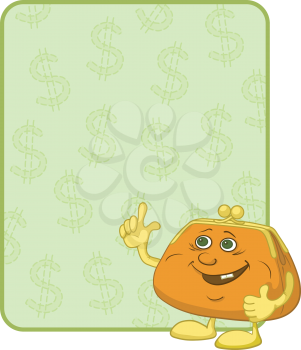Smiling purse shows the thumb up against the background of the poster with dollars. Vector