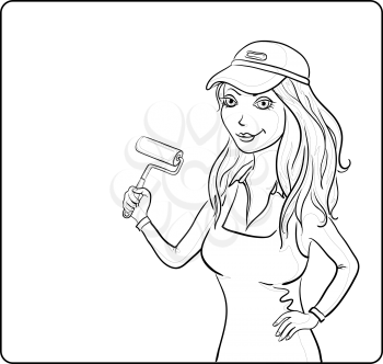Working painter girl in a cap with a paint roller on the background of the poster for your text, black contour on white background. Vector