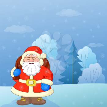 Christmas vector cartoon: Santa Claus with a bag of gifts on a snowy winter forest glade