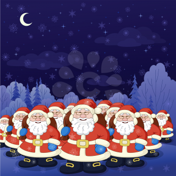 Christmas cartoon, Santa Claus army in a night winter forest. Vector