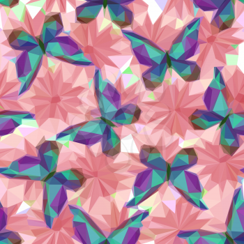 Symbolical Colorful Butterflies and Flowers, Floral Ornament, Polygonal Pattern, Low Poly Background. Vector