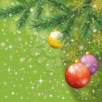 Christmas holiday background with fir branches, balls, stars and snowflakes. Eps10, contains transparencies. Vector