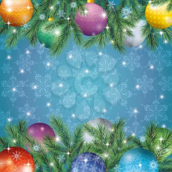 Background for Christmas holiday design, spruce branches, balls and snowflakes. Eps10, contains transparencies. Vector