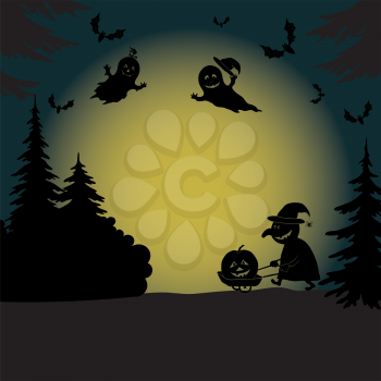 Halloween cartoon landscape with silhouettes of trees, ghosts, a witch with a pumpkin on a cart and bats. Vector