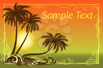 Exotic Landscape, Tropical Palms Trees Silhouettes, Sun and Gold Frame with Floral Pattern on a Background of the Morning Sea. Eps10, Contains Transparencies. Vector