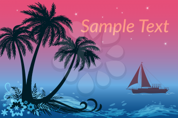 Exotic Landscape, Sailing Ship and Tropical Island, Palms Trees, Flowers and Grass Silhouettes against the Night Sea and Star Sky. Eps10, Contains Transparencies. Vector