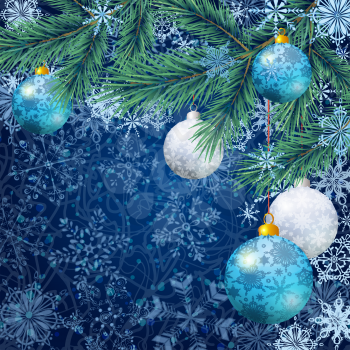 Christmas Holiday Background with Fir Branches, Balls and Snowflakes. Eps10, Contains Transparencies. Vector