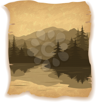 Landscape, Mountain Lake with Islands, Coniferous Fir Trees Silhouettes on Vintage Background of an Old Sheet of Paper. Eps10, Contains Transparencies. Vector