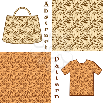 Seamless Patterns, Brown Outline Pictogram Cones of Coniferous Tree on Abstract Background, Elements for Your Design, Prints and Banners, For the Example Presented in a Female Top and a Bag. Vector
